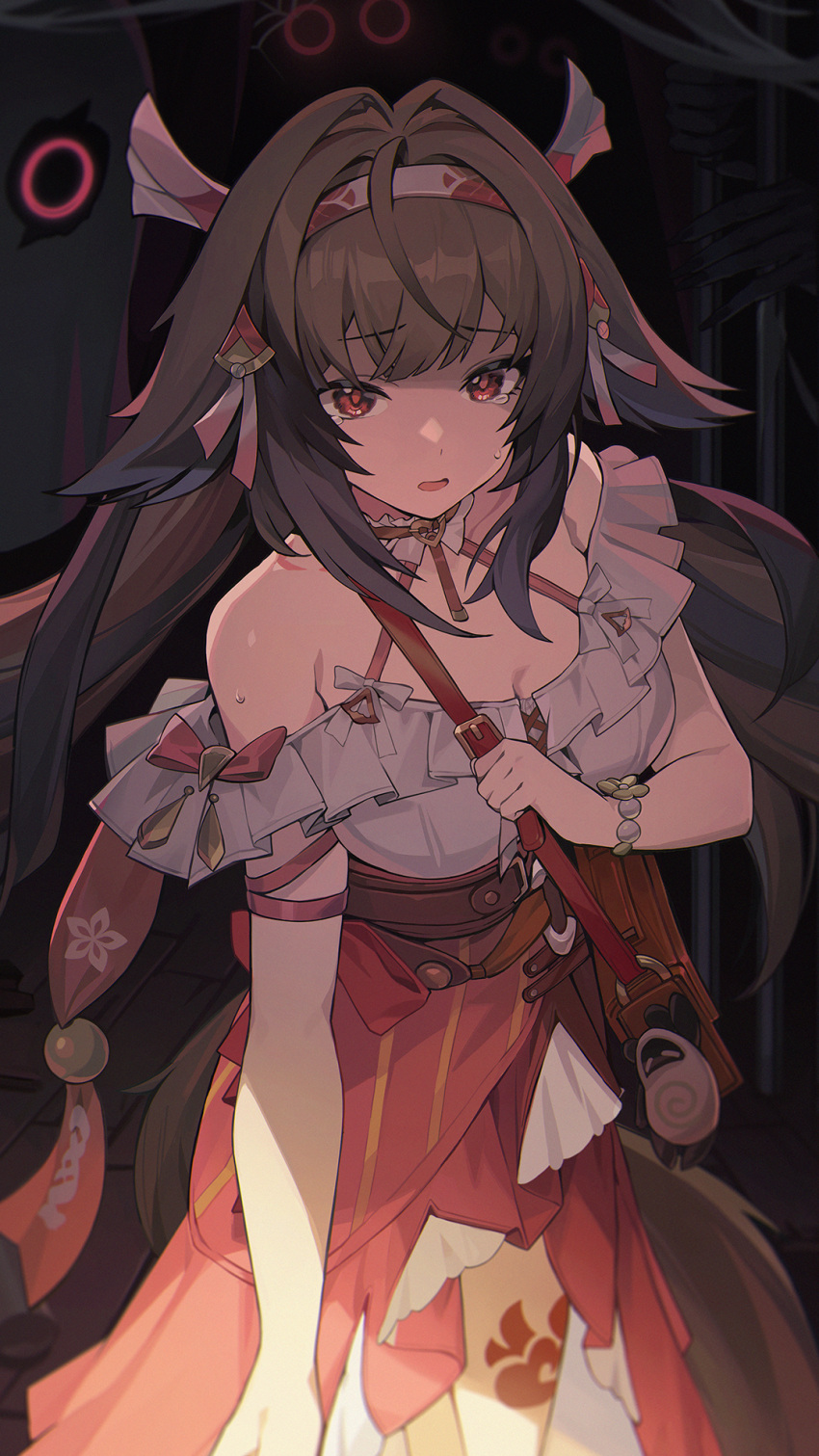 1girl, animal_ears, bag, bare_shoulders, brown_hair, casual, droopy_ears, film_grain, fox_ears, fox_girl, frills, hair_ornament, hairband, highres, long_hair, looking_at_viewer, official_alternate_costume, official_art, open_mouth, scared, shoulder_bag, sweatdrop, tears, ye_shunguang, ye_shunguang_(touch_of_dawnlight), zenless_zone_zero