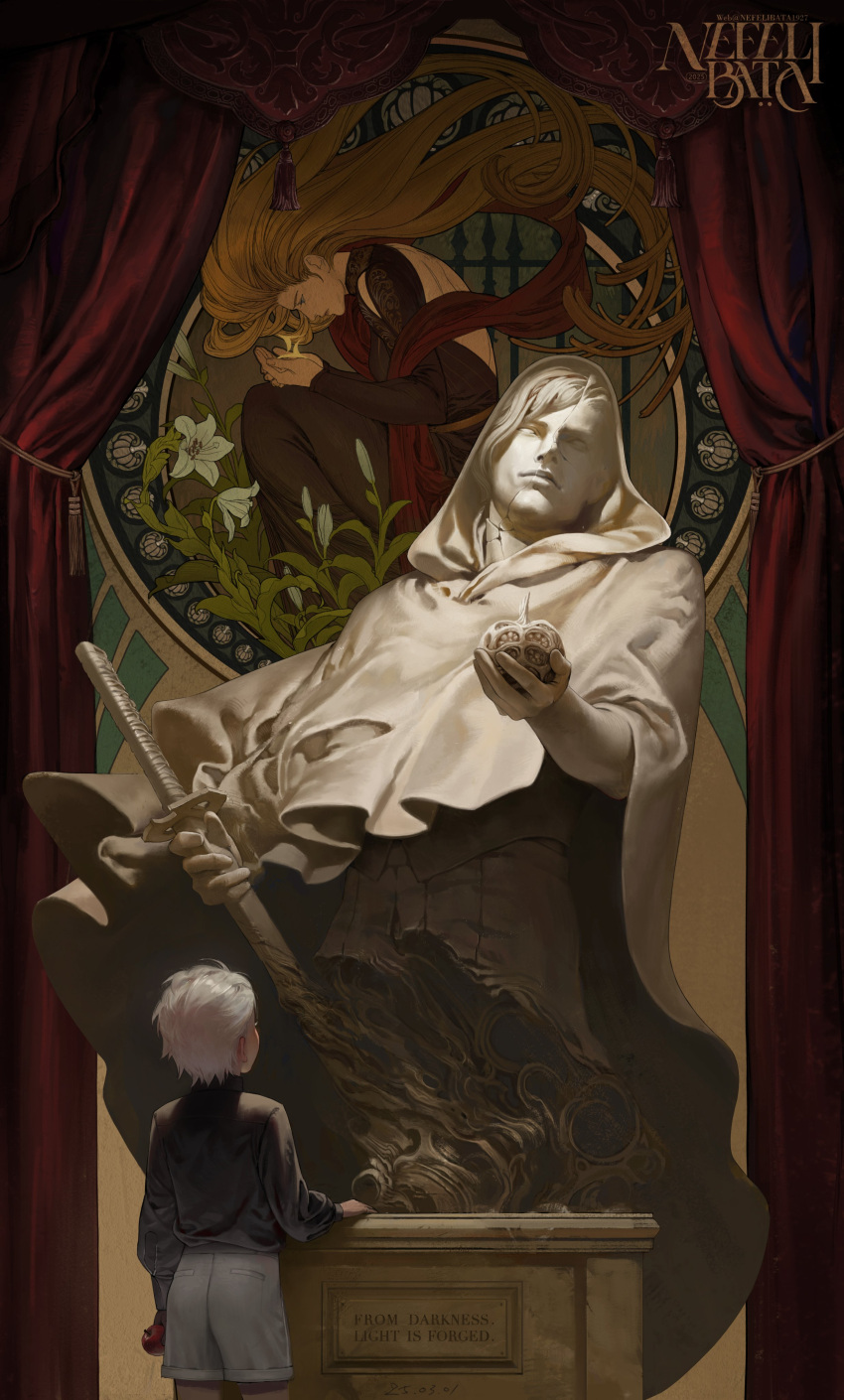 1boy, absurdres, apple, art_nouveau, black_shirt, closed_mouth, commentary, commentary_request