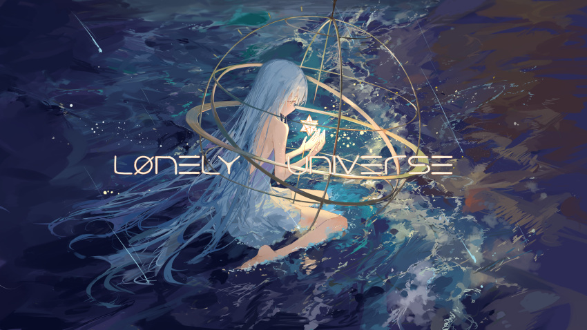 absurdres, bare_legs, barefoot, dress, from_behind, grey_hair, highres, ichika_(ichika87), lonely_universe_(vocaloid), long_hair, ocean, shooting_star, sitting, water, white_dress, white_hair