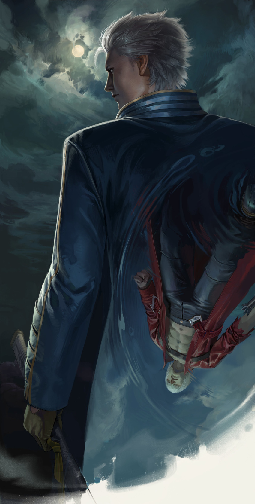 2boys, absurdres, blue_coat, closed_mouth, coat, commentary, dante_(devil_may_cry), devil_may_cry_(series)