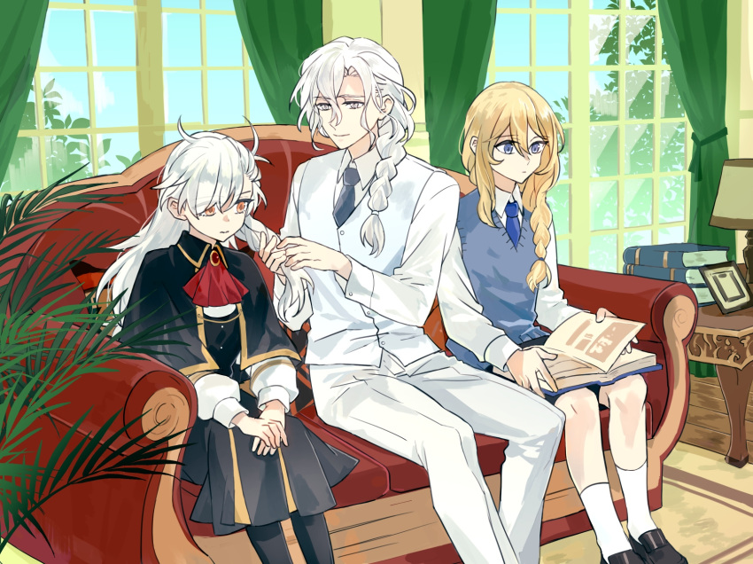 1girl, 2boys, aged_down, ascot, black_capelet, black_shoes, black_skirt, blonde_hair
