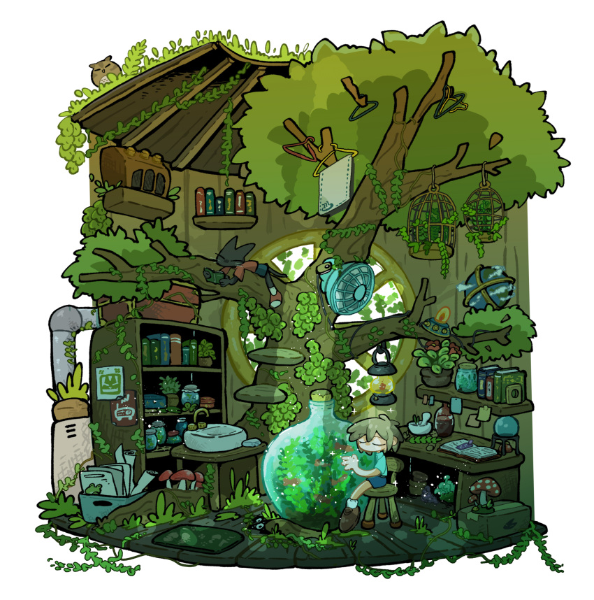 1boy, absurdly_detailed_composition, absurdres, aqua_shirt, bird, birdcage, blue_shorts, book