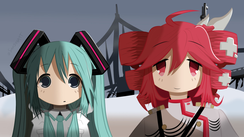 2girls, absurdres, ahoge, aqua_hair, aqua_necktie, blue_eyes, chito_(shoujo_shuumatsu_ryokou), coat