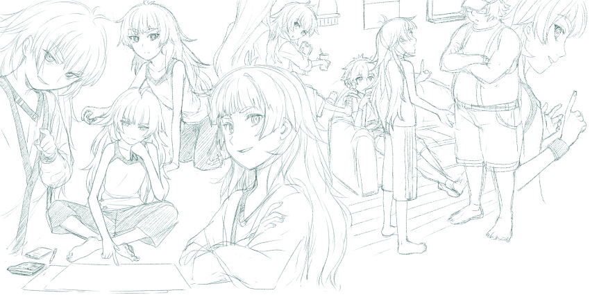 1boy, 3girls, amane_suzuha, amane_suzuha_(beta), blunt_bangs, crossed_arms, crossed_legs, dress