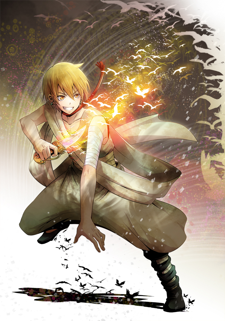 ali_baba_saluja, bird, blonde_hair, dagger, glowing, kae_(rorock), magi_the_labyrinth_of_magic, male
