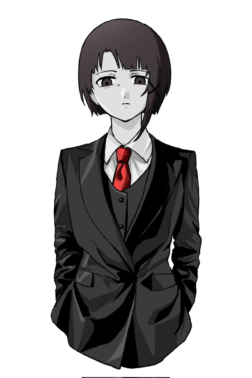 1girl, :|, black_jacket, black_suit, brown_hair, closed_mouth, collared_shirt, colored_skin