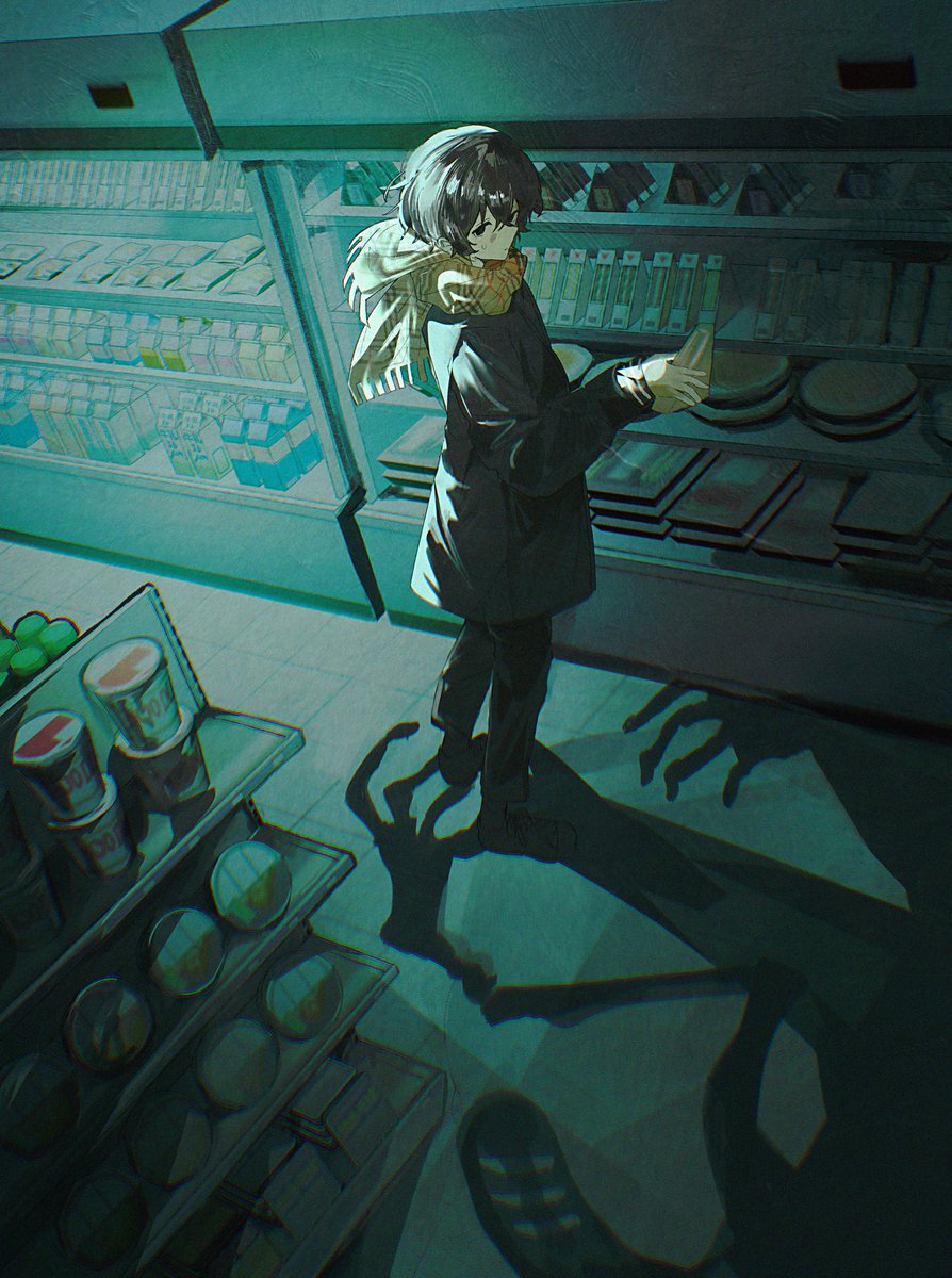 1boy, black_coat, black_eyes, black_hair, black_pants, black_shoes, coat, convenience_store