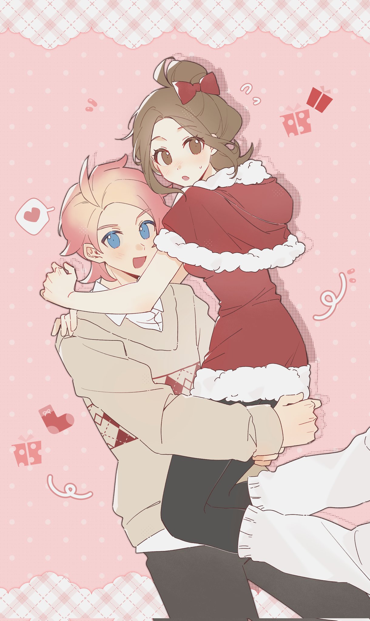 1boy, 1girl, alternate_costume, blue_eyes, blush, brown_eyes, brown_hair, brown_sweater