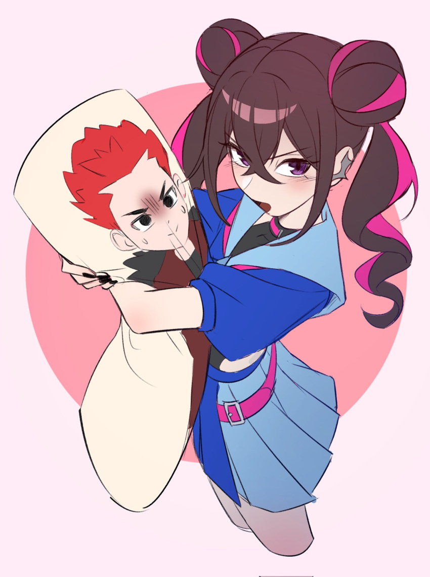 10_09hwan, 1girl, black_leotard, blue_shirt, blue_skirt, brown_hair, cowboy_shot, dakimakura_(object), digimon, digimon_beatbreak, double_bun, hair_bun, highres, holding, holding_pillow, leotard, multicolored_hair, pillow, pink_hair, pleated_skirt, sakai_honaka, shirt, skirt, solo, streaked_hair, two-tone_hair, violet_eyes