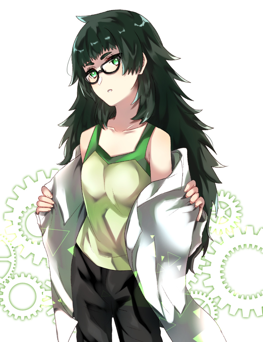 1girl, black_pants, collarbone, cowboy_shot, glasses, green_eyes, green_hair, green_shirt