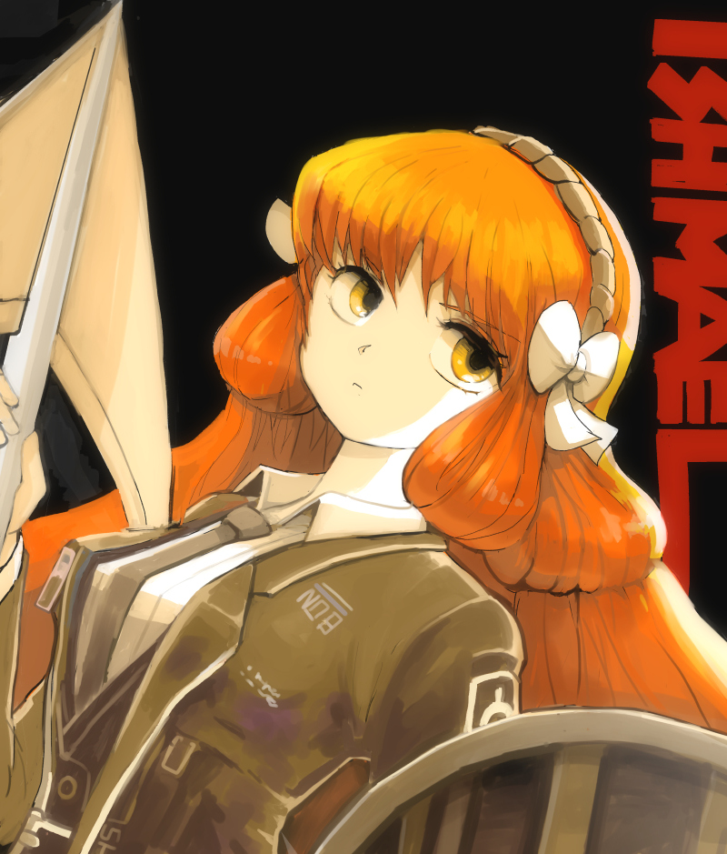 1girl, black_background, black_jacket, black_necktie, black_vest, bow, character_name, collared_shirt