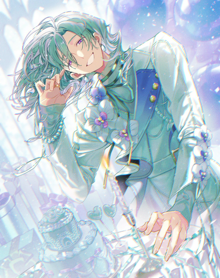 1boy, cake, candle, commentary, cowboy_shot, ensemble_stars!, food, gloves