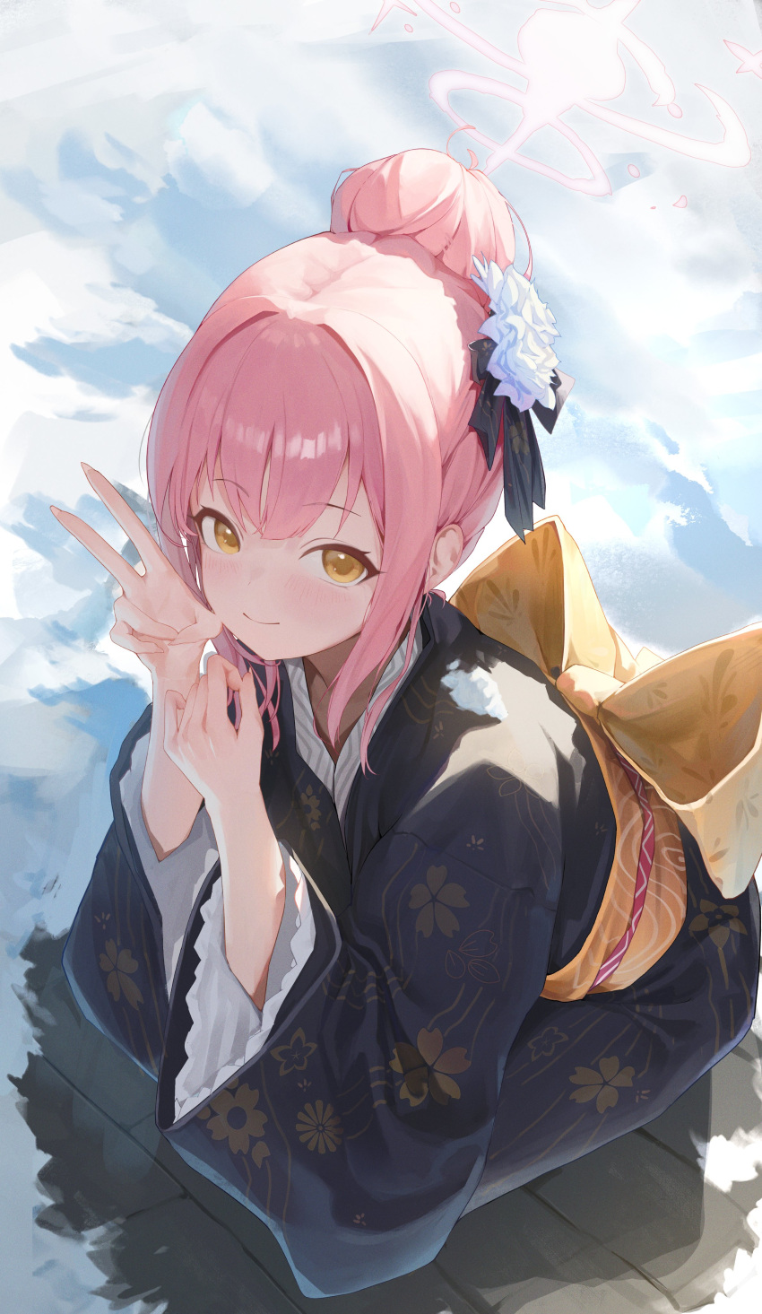 1girl, absurdres, alternate_costume, blue_archive, blue_kimono, closed_mouth, eiyuo, floral_print