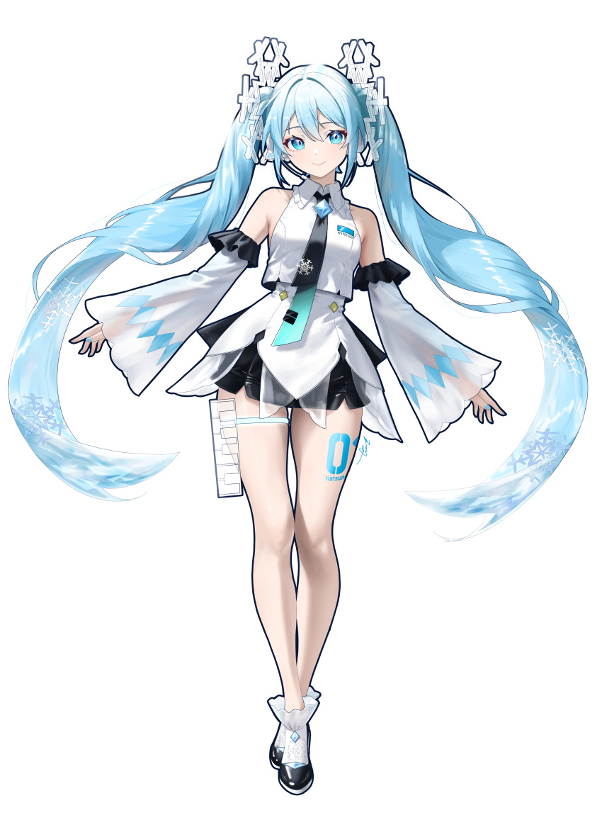 1girl, absurdres, black_necktie, blue_eyes, blue_hair, collared_shirt, detached_sleeves, frilled_sleeves