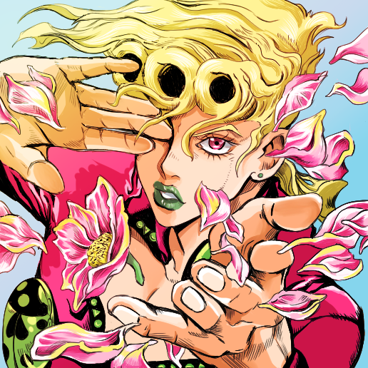 1boy, blonde_hair, comic_cover_redraw, derivative_work, earrings, fingernails, flower, giorno_giovanna