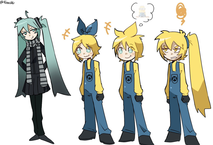 1boy, 3girls, :3, akita_neru, aqua_eyes, aqua_hair, black_gloves, black_jacket, black_shoes, black_skirt, blonde_hair, blue_bow, bow, closed_mouth, cosplay, despicable_me, gloves, gru_(despicable_me), gru_(despicable_me)_(cosplay), hair_bow, hatsune_miku, highres, jacket, kagamine_len, kagamine_rin, koasku, long_hair, minion_(despicable_me), minion_(despicable_me)_(cosplay), multiple_girls, pleated_skirt, scarf, shoes, side_ponytail, skirt, smile, striped_clothes, striped_scarf, sweater, twintails, v-shaped_eyebrows, very_long_hair, vocaloid, yellow_sweater