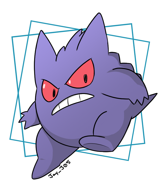 artist_name, black_eyes, colored_sclera, commentary, english_commentary, frown, full_body, gengar