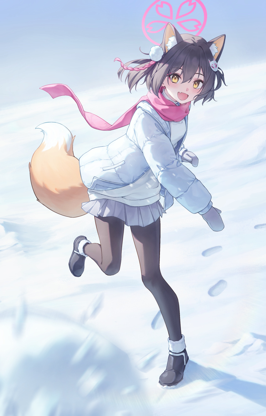 1girl, :d, absurdres, alternate_costume, animal_ear_fluff, animal_ears, black_hair, black_pantyhose, black_shoes, blue_archive, blurry, commentary_request, depth_of_field, extra_ears, eyeshadow, fang, fox_ears, fox_girl, fox_hair_ornament, fox_tail, fu_shang, full_body, hair_between_eyes, hair_ornament, halo, highres, hood, hooded_jacket, izuna_(blue_archive), jacket, long_sleeves, looking_at_viewer, makeup, medium_hair, miniskirt, mittens, one_side_up, open_clothes, open_jacket, outdoors, pantyhose, pleated_skirt, pom_pom_(clothes), pom_pom_hair_ornament, red_eyeshadow, red_halo, red_scarf, scarf, shoes, skin_fang, skirt, smile, snow, snowball, solo, standing, standing_on_one_leg, sweater, tail, throwing, turtleneck, turtleneck_sweater, white_jacket, white_mittens, white_skirt, white_sweater, yellow_eyes
