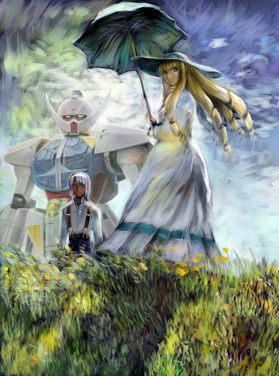 blonde_hair, dark_skin, dianna_soreil, dress, drill_hair, fine_art_parody, grass, grey_hair