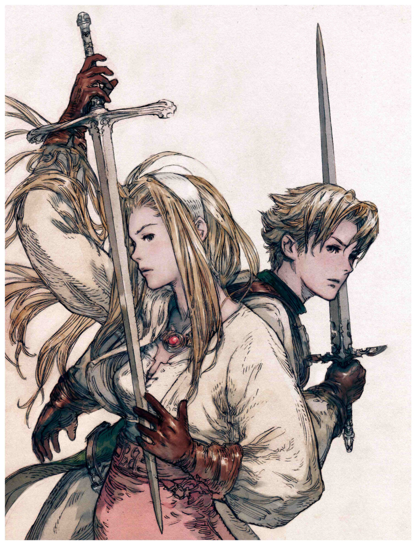 catiua_powell, denim_powell, gloves, hairband, highres, kachua_powell, long_hair, long_sleeves, official_art, simple_background, sword, tactics_ogre, weapon, yoshida_akihiko