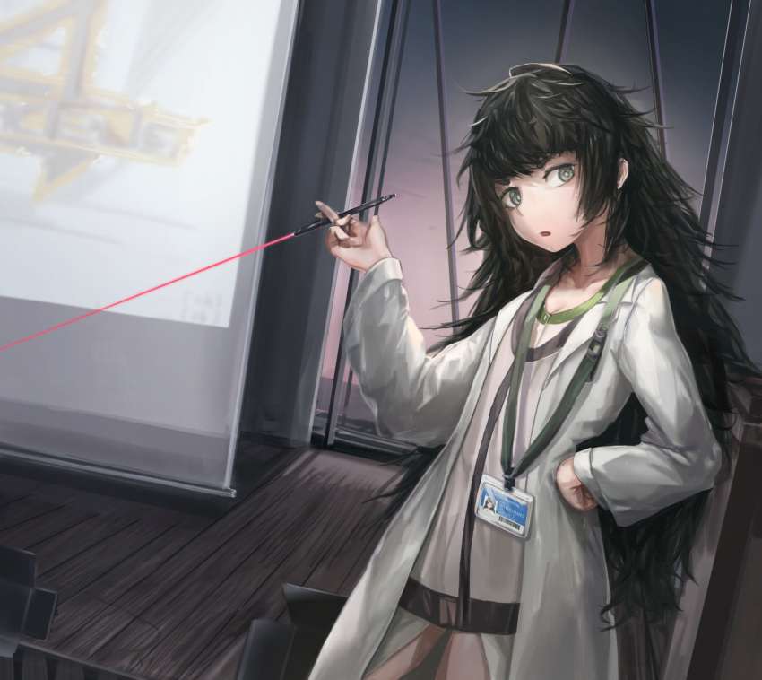 1girl, blunt_bangs, brown_jacket, collar, cowboy_shot, green_collar, green_trim, hand_on_own_hip