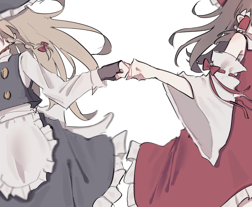2girls, apron, black_gloves, black_skirt, black_vest, blonde_hair, bow, braid