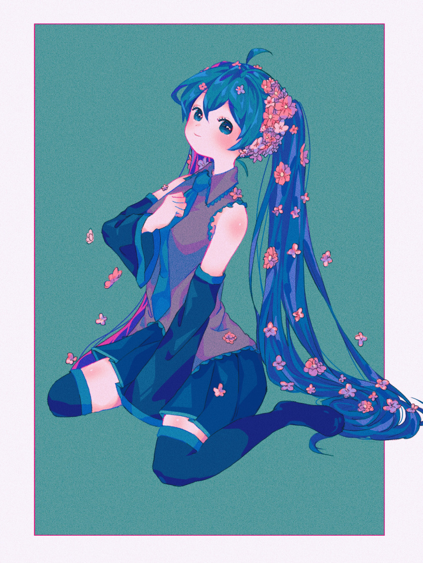 1girl, ahoge, aqua_background, bare_shoulders, black_boots, black_skirt, black_sleeves, blue_eyes