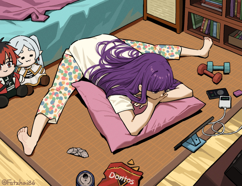 1girl, barefoot, bed, blunt_bangs, can, dumbbell, fatzhai, fern_(sousou_no_frieren)