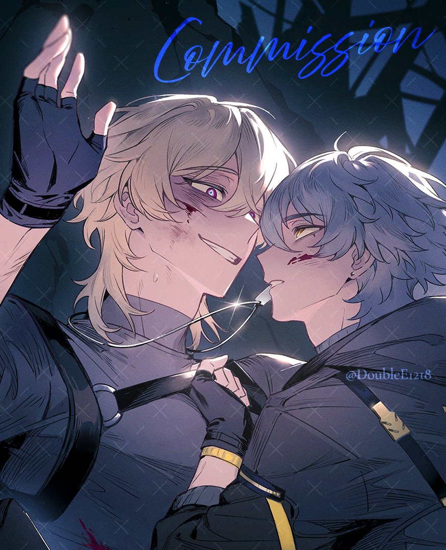 2boys, against_wall, alternate_costume, artist_name, aventurine_(bullseye)_(honkai:_star_rail), aventurine_(honkai:_star_rail), belt, black_belt, black_gloves, black_jacket, blonde_hair, blood, blood_on_clothes, blood_on_face, blue_eyes, blue_sky, caelus_(honkai:_star_rail), commission, crossed_bangs, earrings, fingerless_gloves, from_behind, gloves, grey_hair, hair_between_eyes, hand_up, hands_up, honkai:_star_rail, honkai_(series), injury, jacket, jewelry, long_sleeves, looking_at_another, male_focus, mealove1218, multicolored_eyes, multiple_boys, necklace, night, official_alternate_costume, outdoors, puffy_long_sleeves, puffy_sleeves, shirt, short_hair, short_sleeves, sky, smile, teeth, trailblazer_(honkai:_star_rail), turtleneck, turtleneck_shirt, v-shaped_eyebrows, violet_eyes, watermark, yellow_eyes, zipper