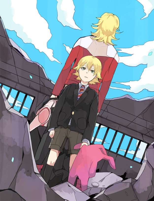 back-to-back, barnaby_brooks_jr, blonde_hair, child, dual_persona, green_eyes, jacket, male, multiple_boys, necktie, red_jacket, ruins, shorts, sky, stuffed_animal, stuffed_bunny, stuffed_rabbit, stuffed_toy, tiger_&amp;_bunny, time_paradox, young, yukita819