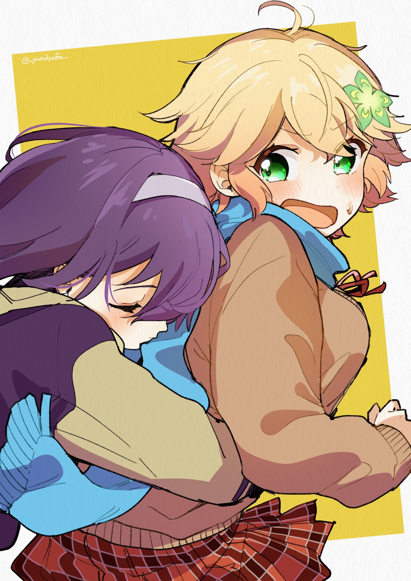 2girls, bafarin, blonde_hair, blue_scarf, blurry, blush, breasts, brown_jacket, closed_eyes, gabriel_dropout, green_eyes, hair_ornament, headscarf, highres, hug, jacket, kurona_mei, long_hair, looking_at_another, medium_breasts, multiple_girls, open_mouth, red_skirt, scarf, school_uniform, short_hair, skirt, surprised, sweat, tapris_chisaki_sugarbell, twitter_username, upper_body, violet_eyes