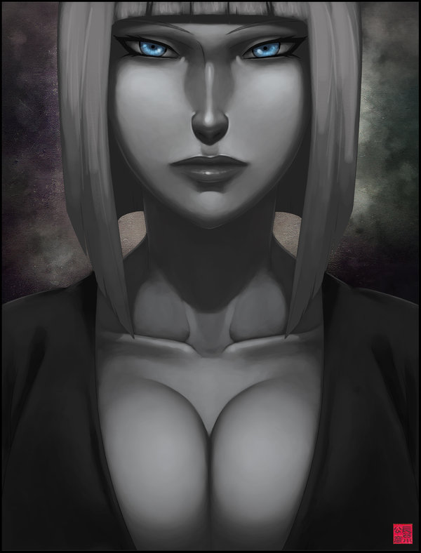 bob_cut, breasts, cleavage, collarbone, high_contrast, linus_(artist), lips, naruto
