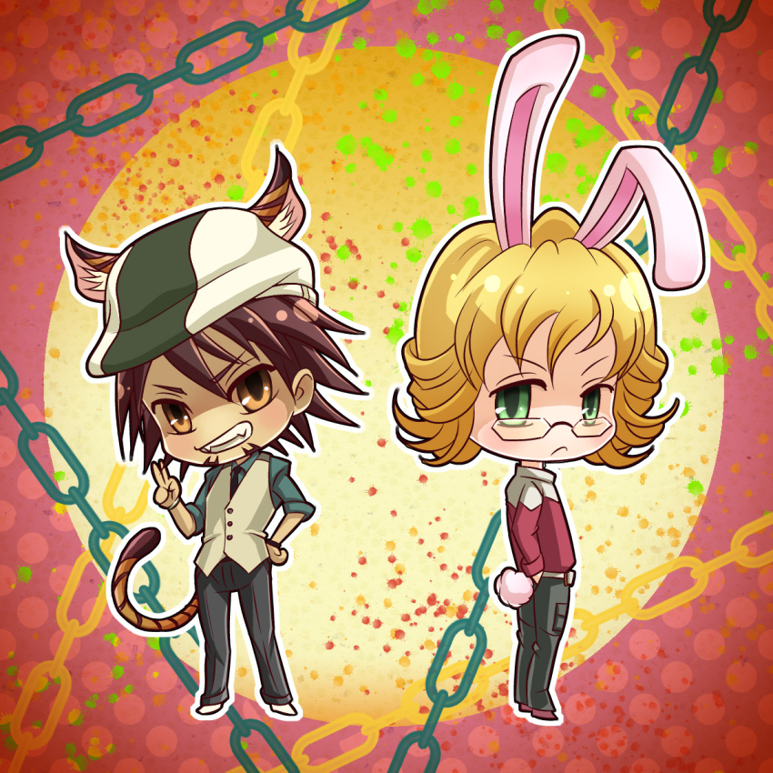 animal_ears, barnaby_brooks_jr, belt, blonde_hair, boots, brown_eyes, brown_hair, bunny_ears