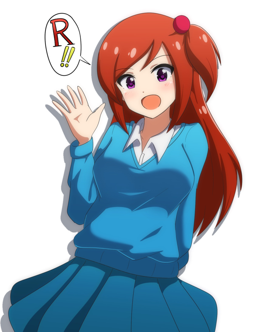 1girl, arm_behind_back, blue_skirt, blue_sweater_vest, brown_hair, hair_bobbles, hair_ornament, highres