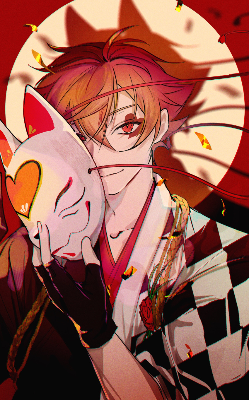 1boy, absurdres, ace_trappola, closed_mouth, fingerless_gloves, flower, gloves, highres, holding, holding_mask, looking_at_viewer, male_focus, mask, mozuku_am, red_eyes, red_flower, red_hair, red_rose, rose, shadow, twisted_wonderland