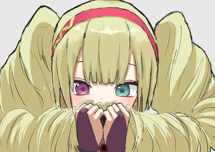 1girl, aqua_eyes, assault_lily, blonde_hair, blunt_bangs, blush, bridal_gauntlets, brown_bridal_gauntlets