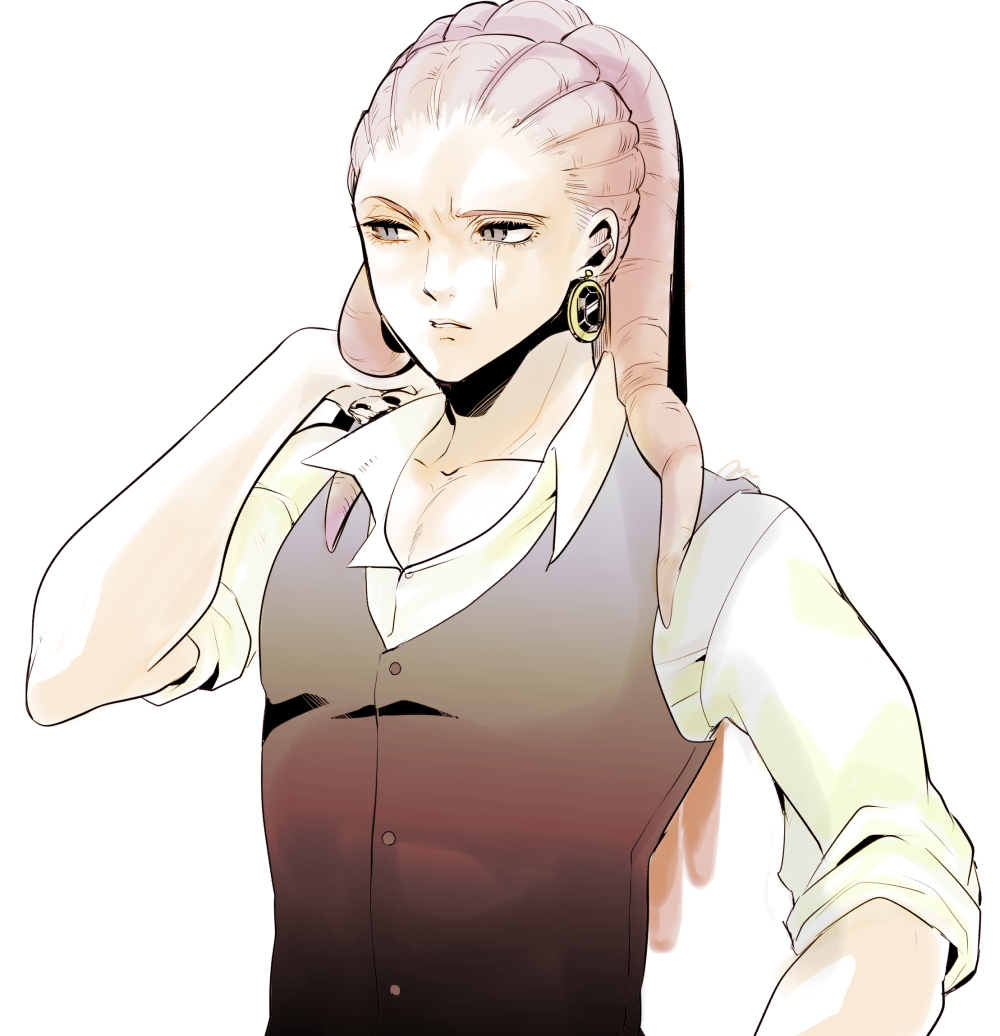 1boy, ayuneo, black_vest, commentary_request, earrings, jewelry, limited_palette, long_hair