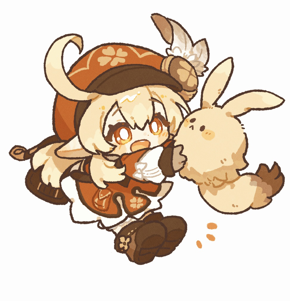 1girl, :d, ahoge, blonde_hair, blush_stickers, boots, bright_pupils, brown_boots, chibi, chibi_only, commentary_request, dodoco_(genshin_impact), dress, full_body, genshin_impact, harukui, hat, klee_(genshin_impact), long_hair, long_sleeves, open_mouth, pointy_ears, red_dress, red_eyes, red_hat, simple_background, smile, solo, standing, white_background, white_pupils