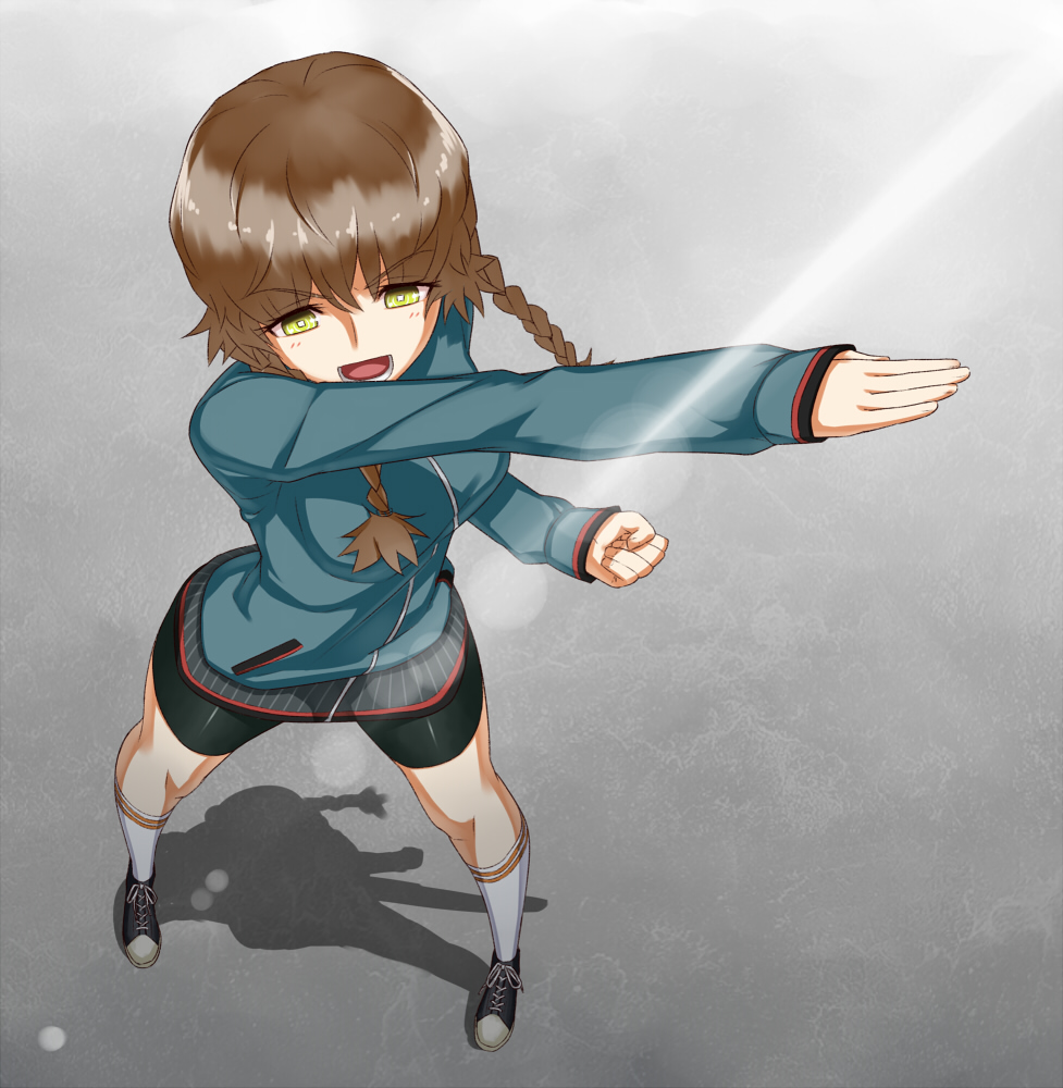 bad_id, bike_shorts, braid, brown_hair, foreshortening, from_above, gonoike_biwa, henshin, henshin_pose, jacket, kamen_rider, kamen_rider_black, kamen_rider_black_(series), open_mouth, parody, pose, shoes, short_hair, socks, solo, steins;gate, track_suit, twin_braids, twintails, yellow_eyes