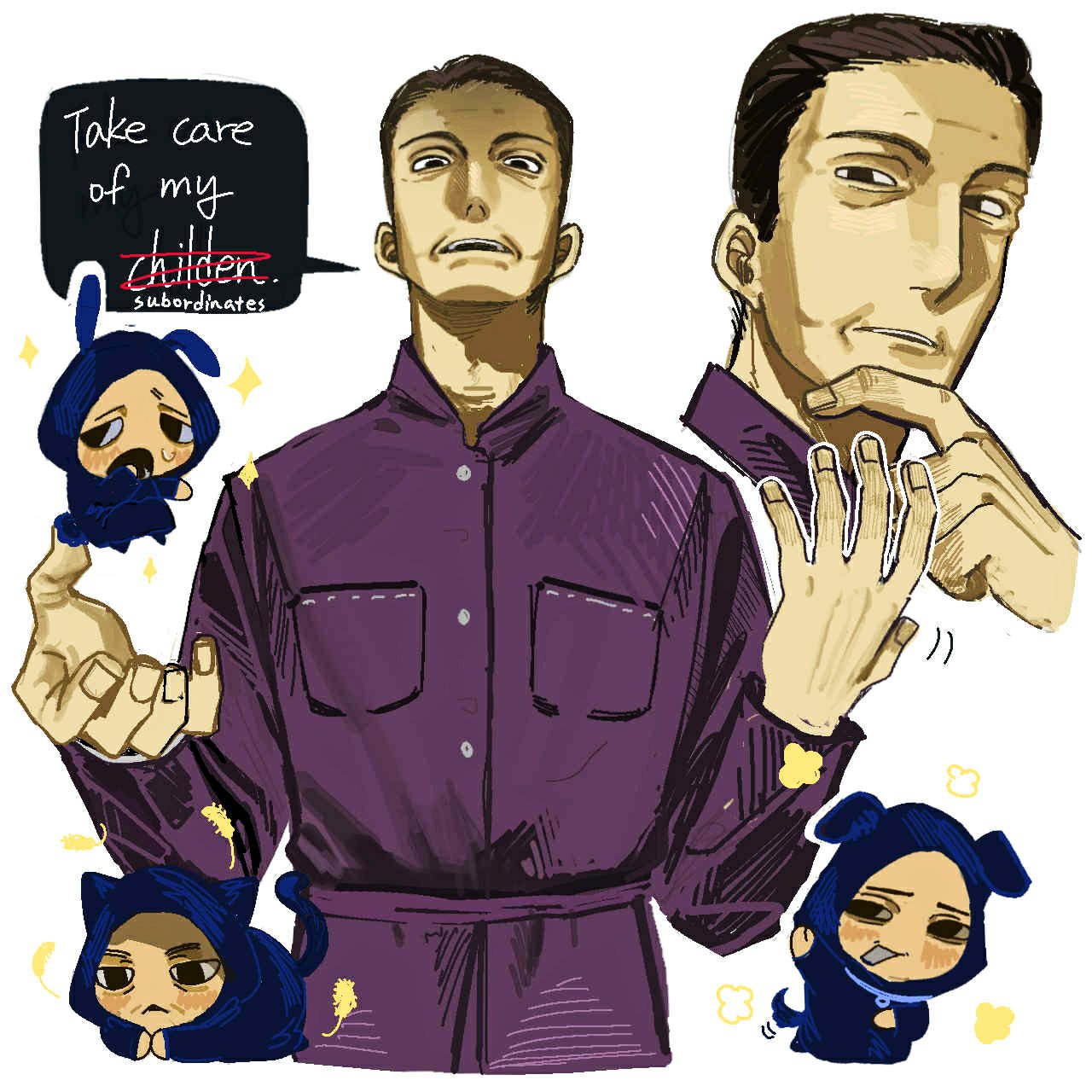 4boys, black_eyes, blush, brown_hair, cat_boy, chibi, cosplay, cultist_1_(no_i'm_not_a_human), cultist_2_(no_i'm_not_a_human), cultist_3_(no_i'm_not_a_human), death_cult_leader_(no_i'm_not_a_human), dog_boy, english_commentary, english_text, finger_to_own_chin, highres, jacket, kigurumi, lnyunzhn1, looking_at_viewer, male_focus, multiple_boys, no_i'm_not_a_human, open_mouth, purple_jacket, rabbit_boy, teeth, tongue, tongue_out, upper_body, upper_teeth_only, white_background