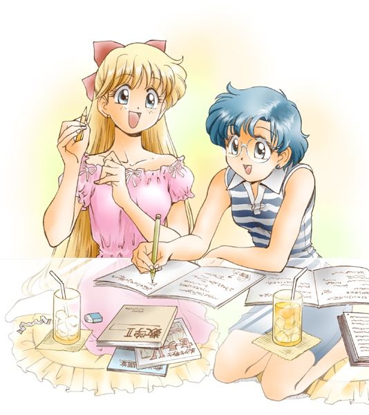 2girls, aino_minako, bare_shoulders, bespectacled, bishoujo_senshi_sailor_moon, blonde_hair, blue_eyes, blue_hair