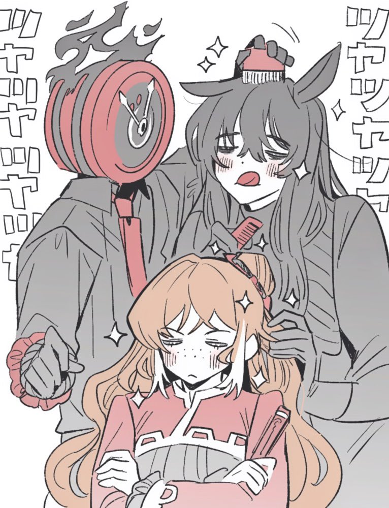 1boy, 1girl, 1other, :q, animal_ears, black_dress, black_hair, brushing_hair