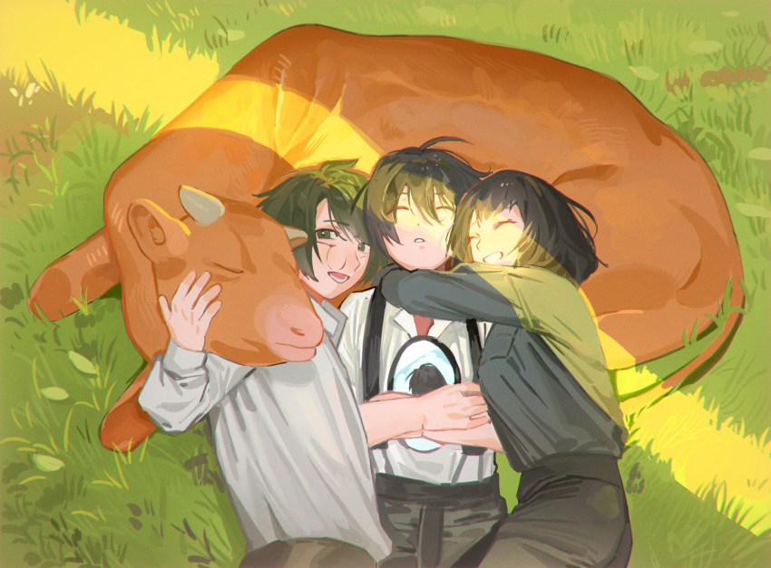 1girl, 2boys, baby_animal, black_hair, calf_(animal), closed_eyes, cow, cowboy_shot, crossed_arms, day, dongbaek_(project_moon), dongrang_(project_moon), highres, holding, holding_mirror, hug, limbus_company, lying, mirror, multiple_boys, on_back, on_grass, on_side, open_mouth, outdoors, parted_lips, project_moon, shirt, smile, suspenders, white_shirt, yi_sang_(project_moon), yongsadragon