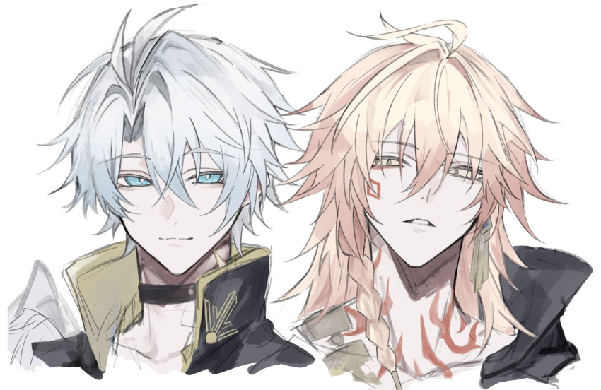 2boys, antenna_hair, black_choker, black_coat, black_shirt, blonde_hair, blue_eyes, braid