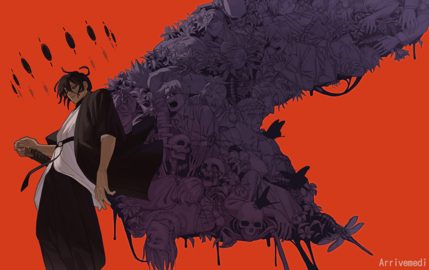 2girls, 6+boys, absurdres, asteris-kitsy, azami_soushirou, black_butterfly, black_hair, black_haori