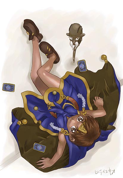 1boy, 1girl, archived_source, belt, black_eyes, blue_cape, blue_neckerchief, blue_shirt