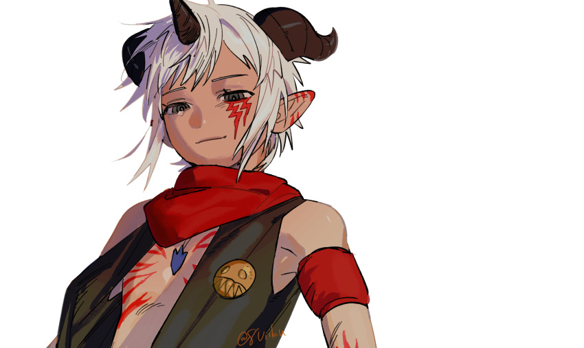 1boy, absurdres, aegiomon, bare_shoulders, black_horns, black_vest, body_markings, chest_jewel, digimon, digimon_(creature), digimon_story:_time_stranger, facial_mark, goat_boy, grey_hair, highres, horns, male_focus, no_shirt, o_kura_o, pointy_ears, red_scarf, satyr, scarf, short_hair, solo, upper_body, vest
