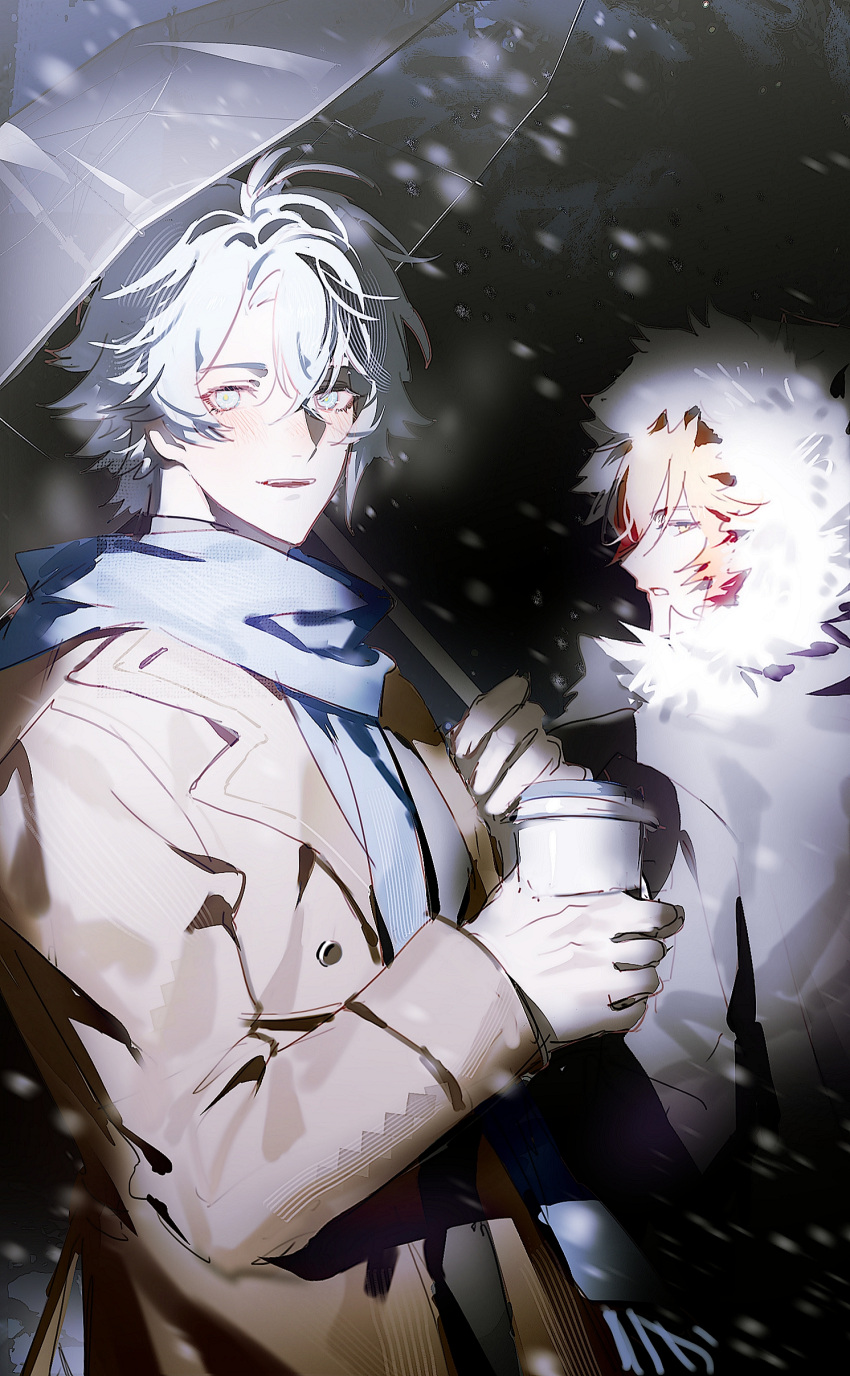 2boys, absurdres, antenna_hair, black_jacket, blonde_hair, blue_eyes, blue_scarf, blush