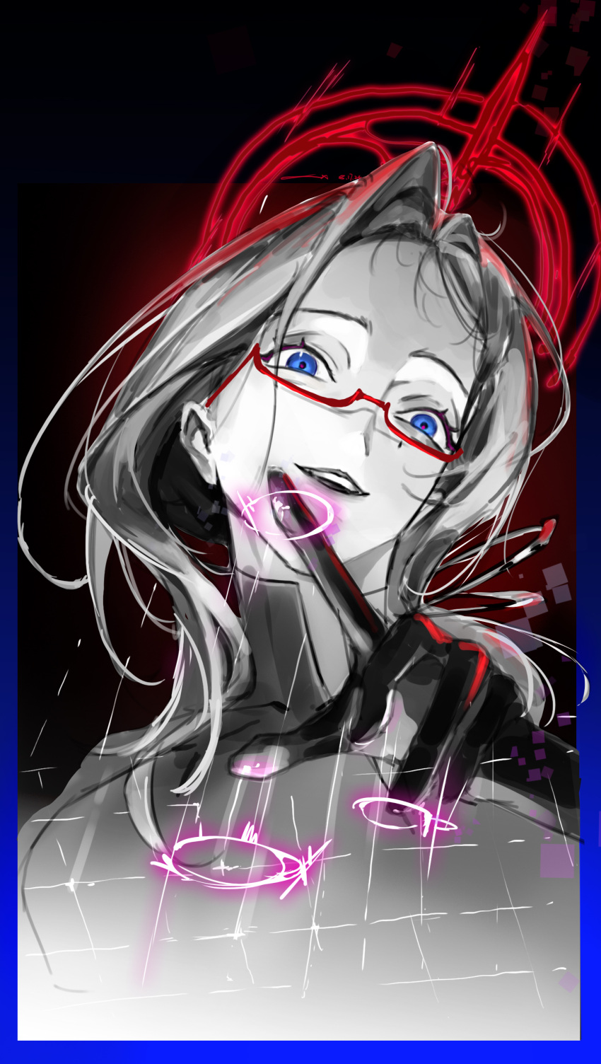 1girl, absurdres, black_gloves, blue_eyes, from_below, glasses, gloves, halo