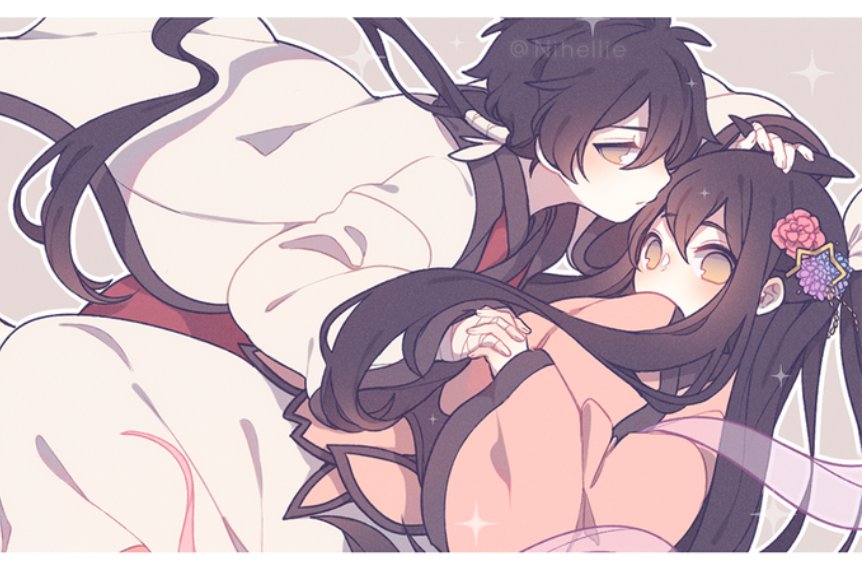 1boy, 1girl, antenna_hair, artist_name, bandaged_hand, bandages, black_hair, border